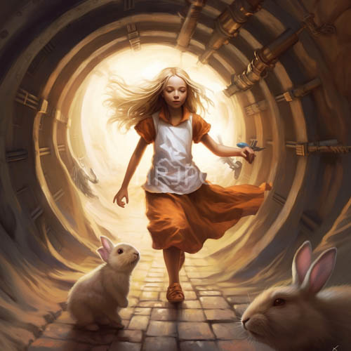 ethereal blonde girls navigate concentric rings of glowing light in tunnel setting
