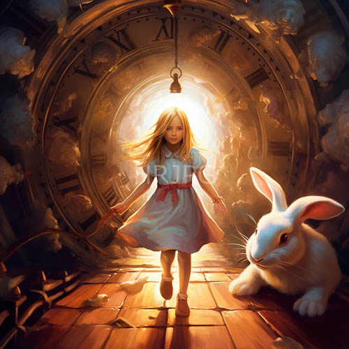 girls in blue dresses with pink ribbons walk through a large clock face illuminated by sunlight