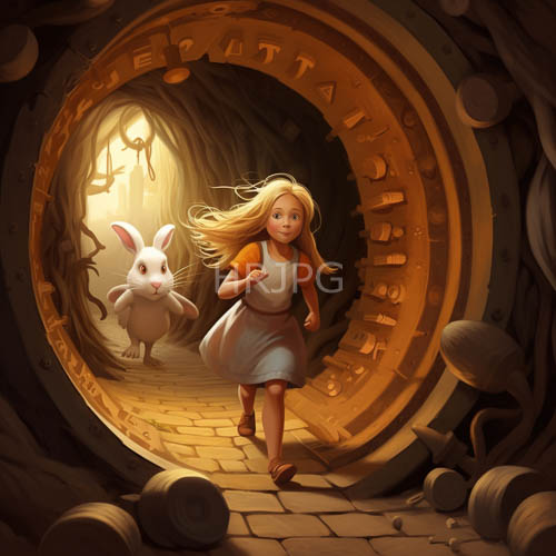 blonde girls pursue rabbit through goldenbrown tunnel with brilliant light ahead