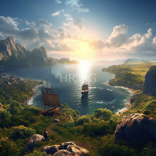 coastal landscape with ships anchored and sailing in partly cloudy skies