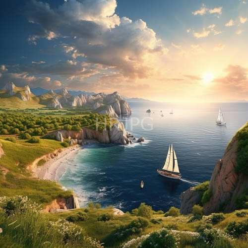 turquoise waters and lush green cliffs define a serene coastal sunset with sailboats