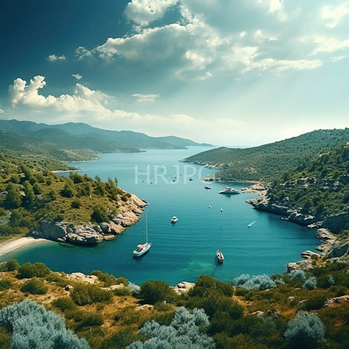 turquoise waters frame rocky cliffs and small anchored boats in partly cloudy skies