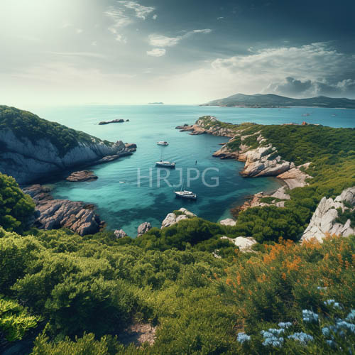 High Resolution: Rocky Cliffs Overlooking Turquoise Waters and VegetationDotted Islands download. | HRJPG.com