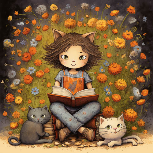catgirls in blue overalls amidst orange poppies in a field of scattered flowers