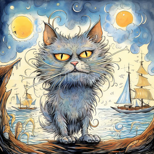 gray cats perched on twisted tree branches amidst cloudy skies with multiple suns