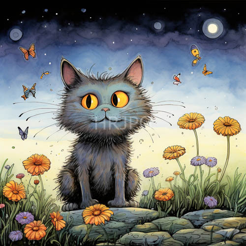 gray kittens amidst rocky ground and celestial blooms under moonlit night