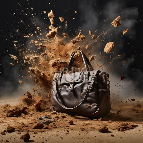 explosive desert sandstorm sweeps dark leather duffel bag across sandy ground