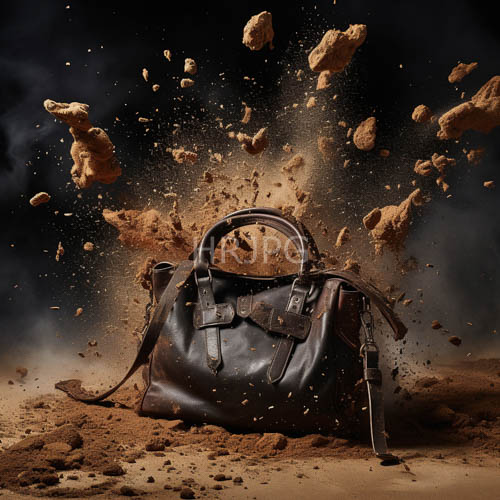 elegant dark brown leather handbags centered in explosive dry soil particles