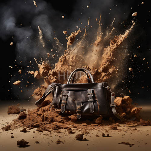 brown soil debris explodes around a black leather handbag with multiple handles
