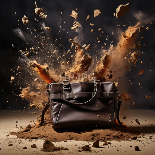 High Resolution: Leather Duffel Bags Amidst Erupting Earthy Debris in OrangeBrown Hues on Sandy Ground download. | HRJPG.com