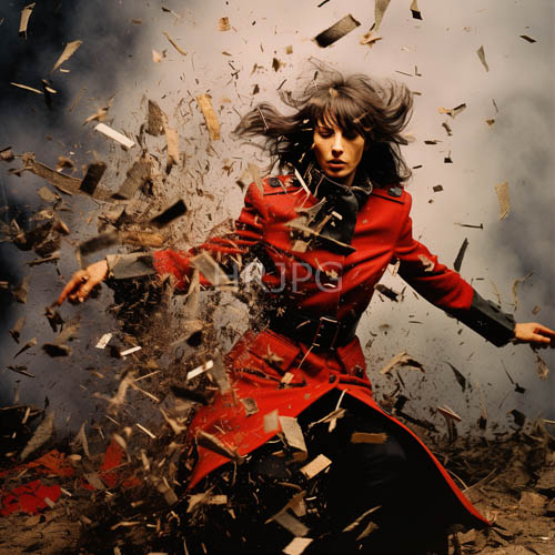 red coats shatter wooden splinters in smoky backgrounds of urban chaos