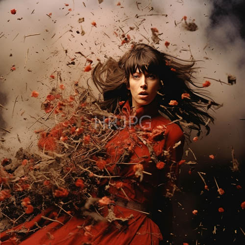 smoky background haze drifts past red dresses and dried flower bundles