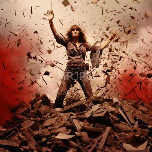 women with wild curly hair stand amidst mounds of rubble and debris in dramatic red lighting