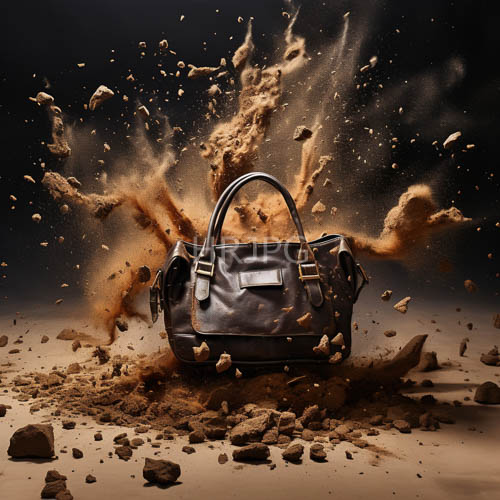 High Resolution: Elegant dark brown leather handbags with silver hardware suspended in midair amidst chaotic dry soil explosions download. | HRJPG.com