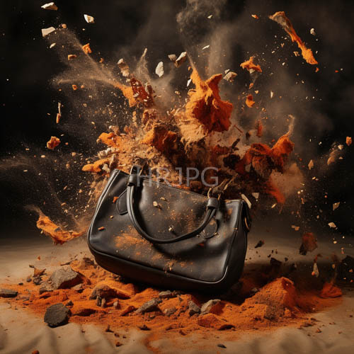 buried luxury handbags amidst orangebrown powdered debris on a featureless background