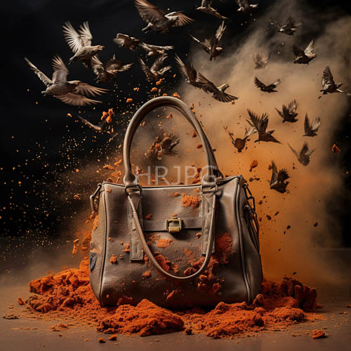 gray leather handbags displayed on dark background with ornate gold accents and whirling orange dust