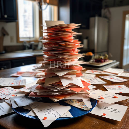 High Resolution: Colored Postcards and Handwritten Notes Rest on Blue Plates in Sunlit Kitchen download. | HRJPG.com