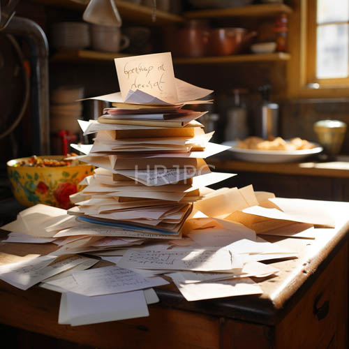 cluttered kitchen countertops host uneven stack of papers and handwritten notes