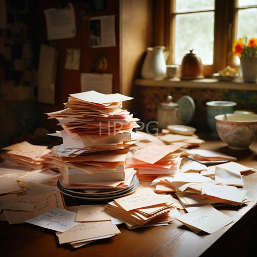 vintage study space with worn wooden tones and blue ink chaos