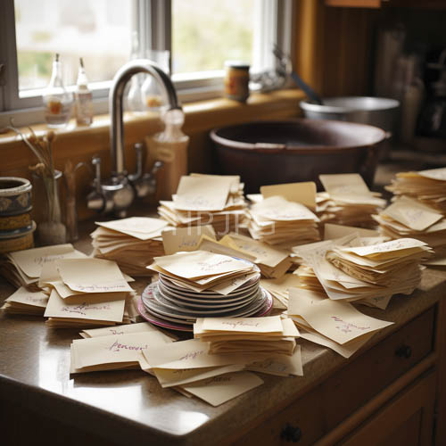 High Resolution: Handwritten Notes Amidst Kitchen Countertop Chaos Amidst Morning Light download. | HRJPG.com