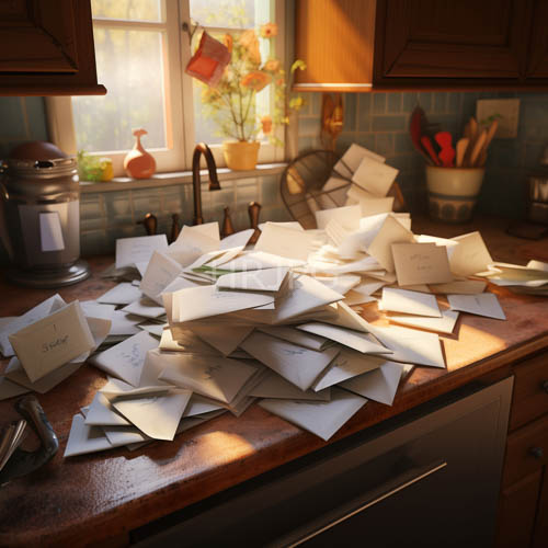 sunlit kitchen countertops with scattered envelopes and a potted plant in a bluetiled domestic setting