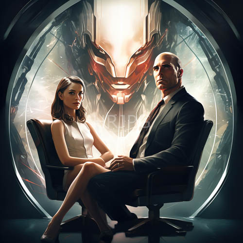 corporate executives amidst futuristic armor in hightech chamber