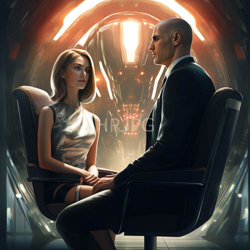 seated individuals face each other in futuristic chairs within a tunnellike environment