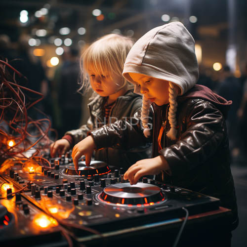 nightclub performers focus intensely on dj equipment under blurred overhead lights