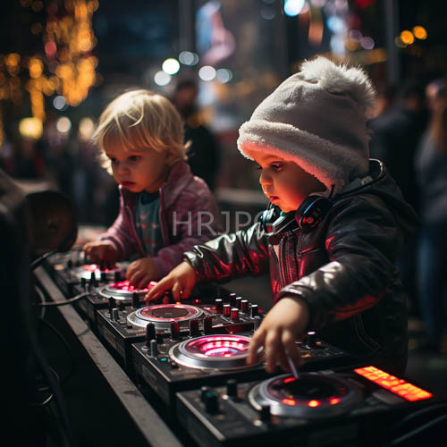 children in pink and gray operate dj equipment under festive nighttime illumination