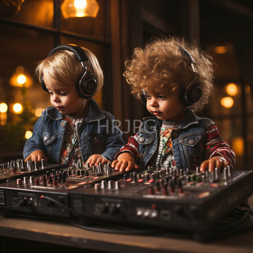 High Resolution: Children in denim jackets operating DJ controllers under warm yellow lighting download. | HRJPG.com