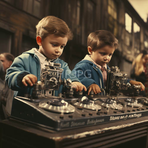 childrens exploration of analog sound technology in a cozy woodpanelled room