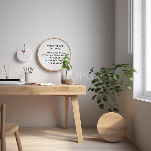 minimalist rooms feature wooden desks with angled legs and potted plants in circular bases