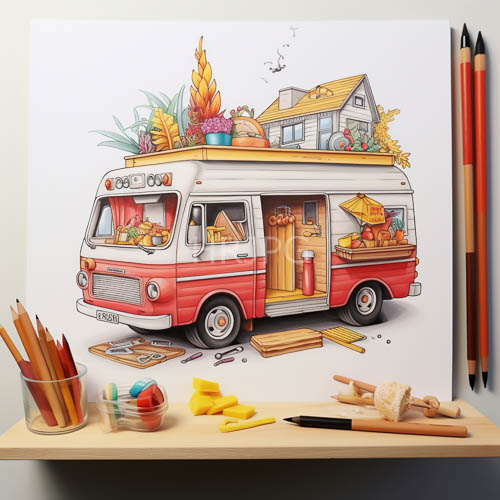 illustrators workspace with oldfashioned vans and local market goods amidst creative tools