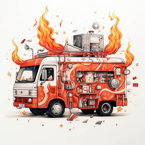 flames engulf orangeandwhite food trucks amidst scattered paper and kitchen appliances