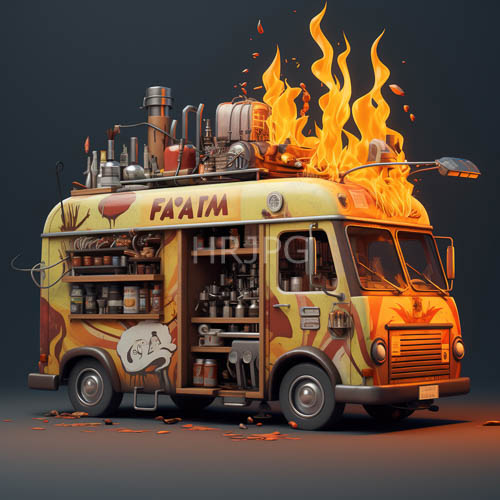 faim vans engulfed in fierce orange flames amidst kitchen appliances