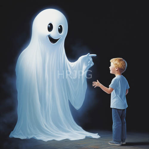 spirits interact with human companion in tiled setting against dark background