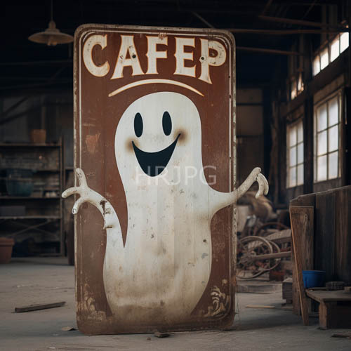 rusted cafe signs featuring ghostlike figures in dim industrial workshop