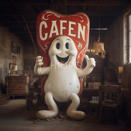 anthropomorphic plastic tooth mascots feature cafeen in dimly lit vintage workshop