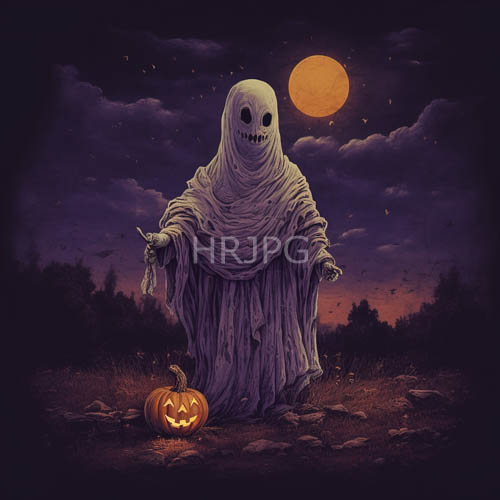 eerie ghosts stand amidst a haunted landscape with tattered robes under a moonlit night sky with dark clouds