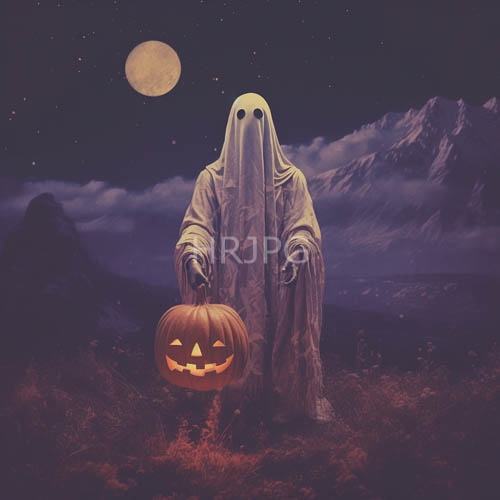 ghostly apparitions pose with jackolanterns in starlit mountainous nightscapes