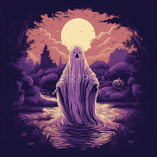 ghostly apparitions stand in shallow water under full moonlight amidst purplehued trees and autumnal foliage
