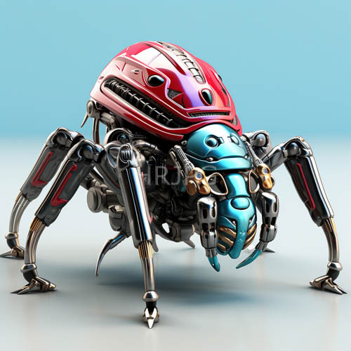 metallic spiderlike robots against turquoise and lightblue background with intricate details