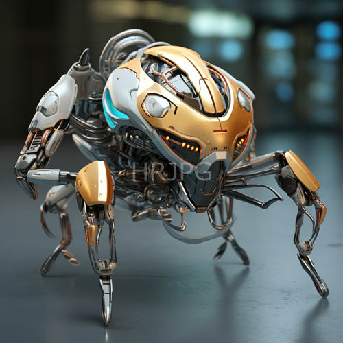 metallic spider robot with jointed legs and glowing blue accents in dark background