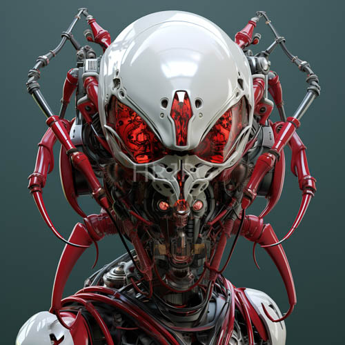robotic heads with crimson eyes and mechanical arms on dark green industrial background