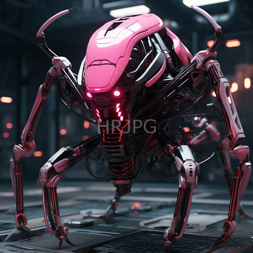 blurred orange light trails follow metallic spider legs across factory floors