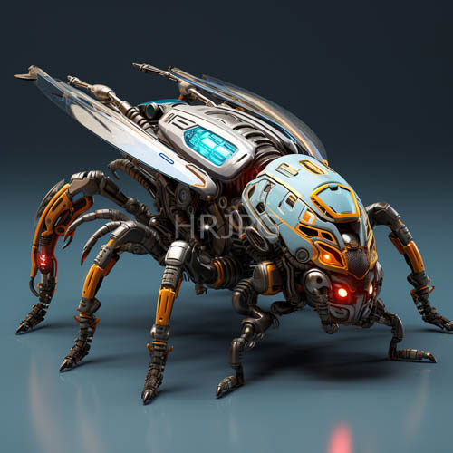 metallic cybernetic legs attach to insect bodies on gradient backgrounds