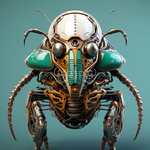 intricate mechanical gears form insect bodies against metallic teal surfaces