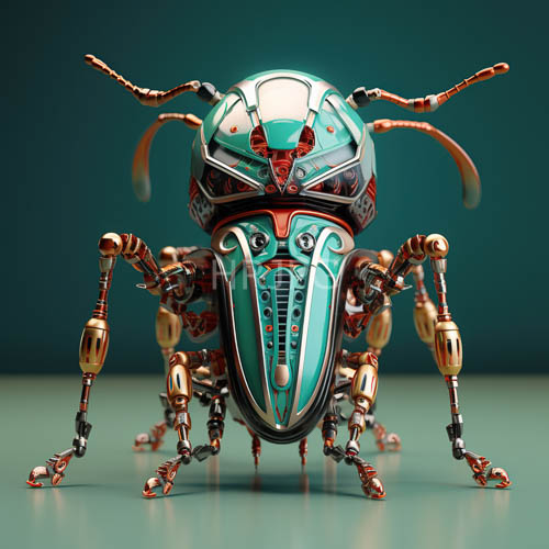 turquoise and copper highlights define metallic insect study with brass joints and compound eyes
