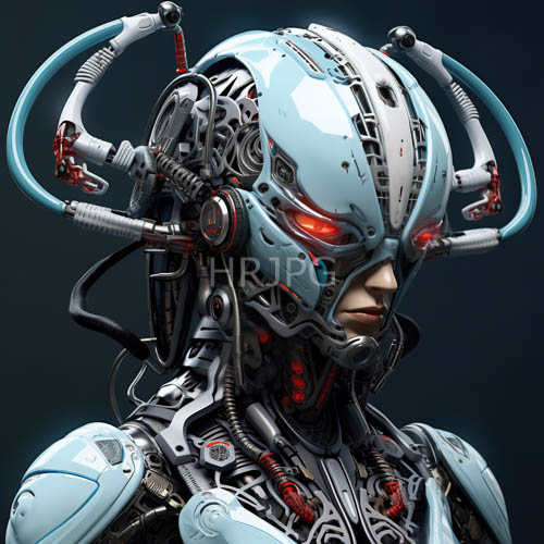 High Resolution: Humanoid Robots in Metallic Armor with Intricate Coils and Red Glowing Eyes in a Dark Gradient Background download. | HRJPG.com