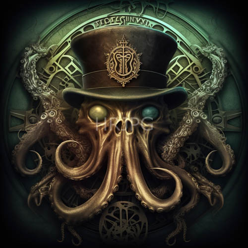 octopuses in top hats adorned with intricate gold details entwined with mechanical gears on a tealgraded canvas